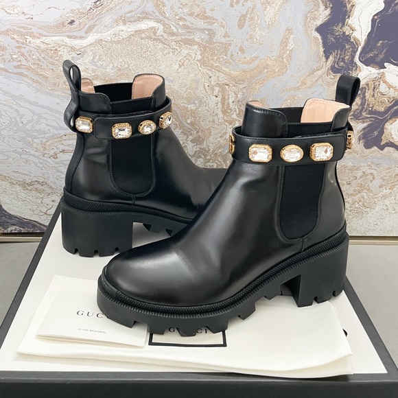 In Stores! Gucci Calfskin Crystal GG Trip Chelsea Ankle Boots - Picture 9 of 11